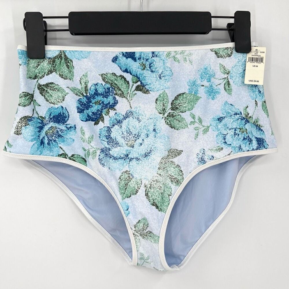 Aerie High Waisted Full Coverage Bikini Bottoms Floral Women Medium Blue NWT